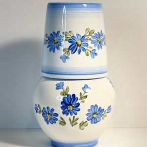 Tumble Up Bedside Porcelain Water Carafe Pitcher and Cup Blue Flowers